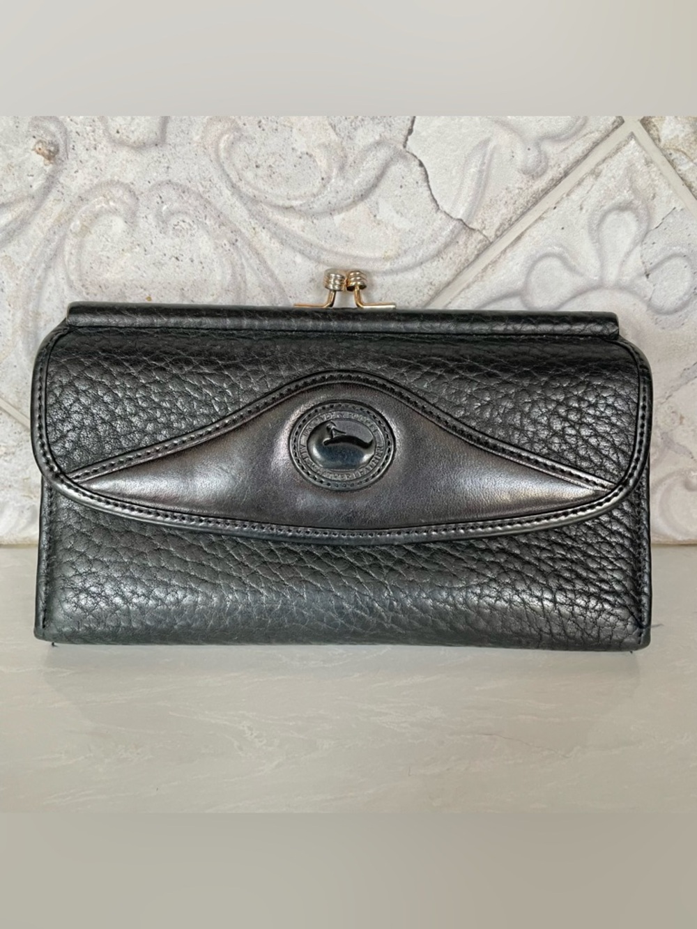 Dooney & Bourke- Pebbled Leather Tri-Fold Wallet with Kiss Lock
